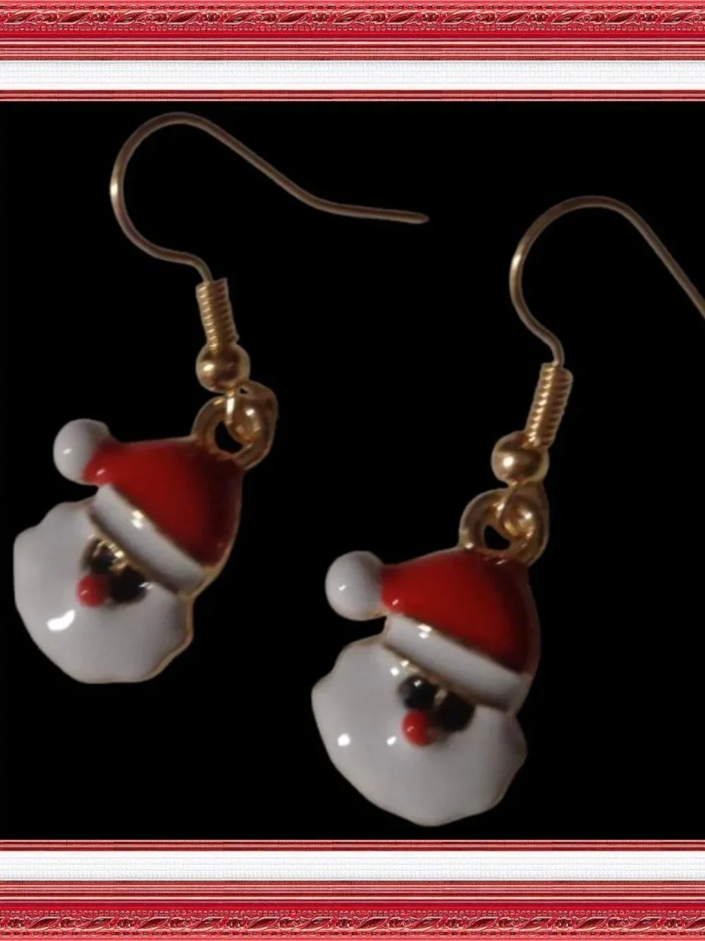 Gold Tone White Red & Black Santa Theme Dangle Earrings